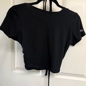 ALO Yoga Black Ribbed Short Sleeve Crop Top